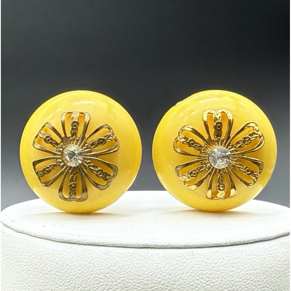 Vintage Yellow Lucite Button Clip On Earrings Gold Tone Rhinestone Floral Accent